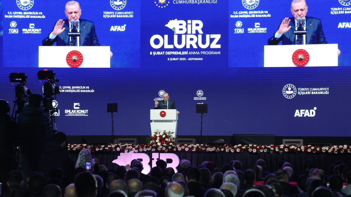 President Recep Tayyip Erdoğan delivers a speech on the anniversary of the devastating 2023 earthquakes, Adıyaman, Türkiye, Feb. 6, 2025. (AA Photo)