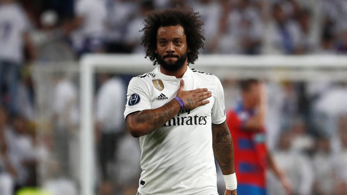 Real Madrid’s defender Marcelo Vieira celebrates after scoring the 2-0 during the UEFA Champions League group G soccer match between Real Madrid and Viktoria Plzen at Santiago Bernabeu Stadium in Madrid, Spain, Oct. 23, 2018. (EPA Photo)