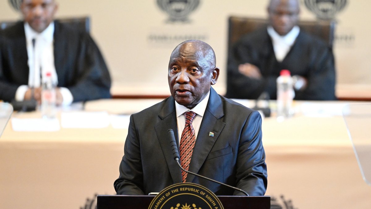 South African President Cyril Ramaphosa delivers his 2024 State of the Nation address at the City Hall in Cape Town, South Africa, Feb. 6, 2025. (EPA Photo)