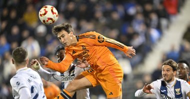 Real Madrid&#039;s Gonzalo Garcia (C) scores during a Copa Del Rey match against Leganes at the Estadio Municipal Butarque, Madrid, Spain, Feb. 5, 2025. (AA Photo)