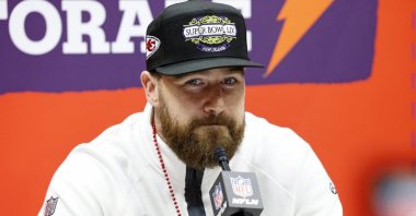 Kansas City Chiefs tight end Travis Kelce talks to the media during Super Bowl LIX Opening Night at Ceasars Superdome, New Orleans, Los Angeles, U.S., Feb. 3, 2025. (Reuters Photo)