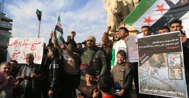 Hundreds of Syrians protest a deadly bomb attack by the PKK/YPG terrorists in Manbij, Aleppo, Syria, Feb. 3, 2025. (AA Photo)