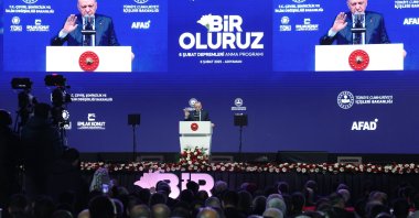 President Recep Tayyip Erdoğan delivers a speech on the anniversary of the devastating 2023 earthquakes, Adıyaman, Türkiye, Feb. 6, 2025. (AA Photo)