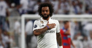 Real Madrid’s defender Marcelo Vieira celebrates after scoring the 2-0 during the UEFA Champions League group G soccer match between Real Madrid and Viktoria Plzen at Santiago Bernabeu Stadium in Madrid, Spain, Oct. 23, 2018. (EPA Photo)