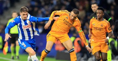 Real Madrid's Kylian Mbappe in action with Espanyol's Marash Kumbulla during the La Liga match between Espanyol and Real Madrid RCDE Stadium in Cornella de Llobregat, Spain, Feb. 1, 2025. (Reuters Photo)
