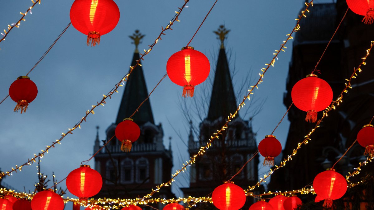 Decorations are seen in front of the State Historical Museum during a celebration on the eve of the Chinese New Year, Moscow, Russia, Jan. 28, 2025. (Reuters Photo)