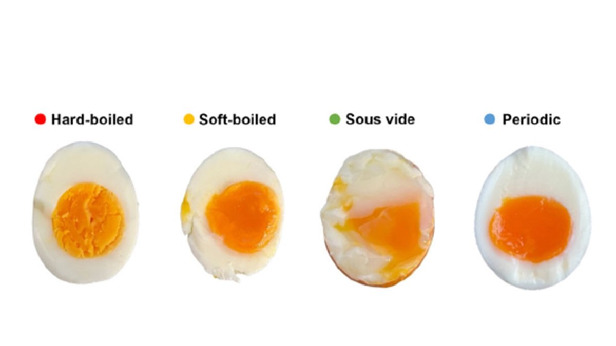 This image provided by researchers in February 2025 shows the results of different methods of boiling eggs, with a new technique dubbed &quot;periodic cooking&quot; at right. (AP Photo)