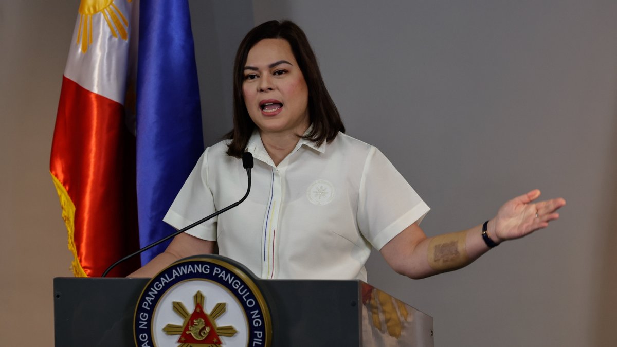 Philippine Vice President Sara Duterte holds a news conference at her office, Mandaluyong City, Metro Manila, Philippines, Feb. 7, 2025. (EPA Photo)