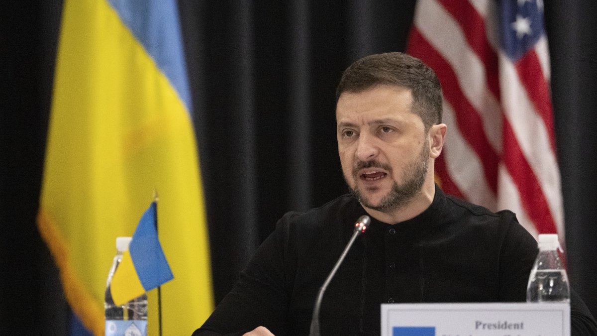 Ukrainian President Volodymyr Zelenskyy attends a meeting of the Ukraine Contact Group at Ramstein Air Base, Germany, Thursday, Jan. 9, 2025. (AP Photo)