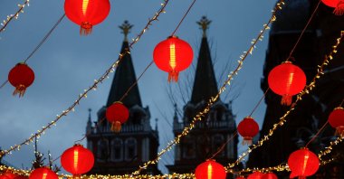 Decorations are seen in front of the State Historical Museum during a celebration on the eve of the Chinese New Year, Moscow, Russia, Jan. 28, 2025. (Reuters Photo)