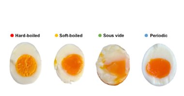 This image provided by researchers in February 2025 shows the results of different methods of boiling eggs, with a new technique dubbed "periodic cooking" at right. (AP Photo)