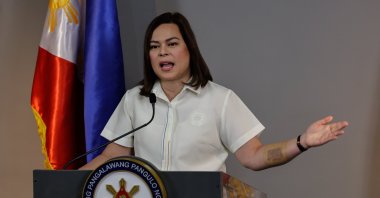 Philippine Vice President Sara Duterte holds a news conference at her office, Mandaluyong City, Metro Manila, Philippines, Feb. 7, 2025. (EPA Photo)