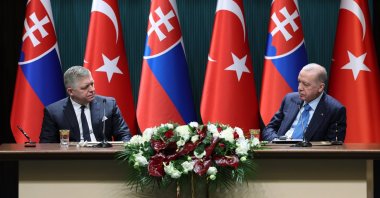 President Recep Tayyip Erdoğan and Slovakia's Prime Minister Robert Fico (L) attend a news conference after their meeting, Ankara, Türkiye, Jan. 20, 2025. (EPA Photo)