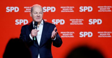 German Chancellor Olaf Scholz of the Social Democratic Party (SPD) speaks during his election campaign rally, Wiesbaden, Germany, Jan. 25, 2025. (Reuters Photo)