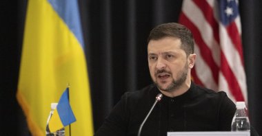 Ukrainian President Volodymyr Zelenskyy attends a meeting of the Ukraine Contact Group at Ramstein Air Base, Germany, Thursday, Jan. 9, 2025. (AP Photo)