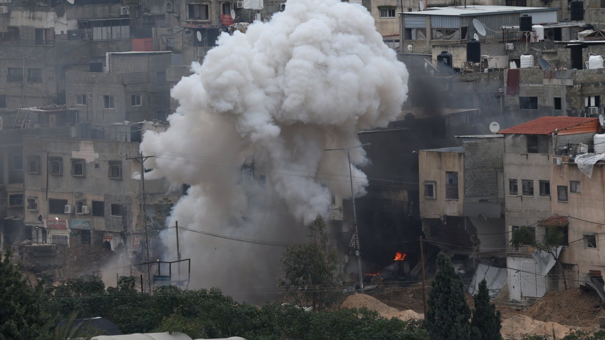 Smoke billows above the Nur Shams refugee camp during an Israeli military operation near the city of Tulkarem, occupied West Bank, Palestine, Feb. 9, 2025. (EPA Photo)