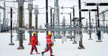 Technicians of Augstsprieguma, an independent electricity transmission state system operator, at the power substation in Rezekne to disconnect the major power line between Latvia and Russia, Latvia, Feb. 8, 2025. (AFP Photo)