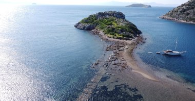 An aerial view shows the Tavşan Island in Gümüşlük, Bodrum, western Türkiye, Feb. 9, 2025. (AA Photo)