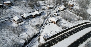 An aerial view shows a snow-covered village in Zonguldak, Türkiye, Feb. 6, 2025. (IHA Photo) 