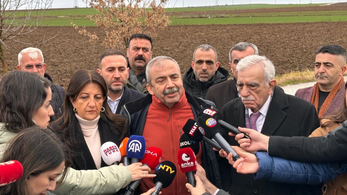 Peoples&#039; Equality and Democracy Party (DEM Party) lawmakers Sırrı Süreyya Önder (C), Pervin Buldan (L) and Ahmet Türk (R) talk to reporters after visiting Selahattin Demirtaş in prison, northwestern Edirne province, Türkiye, Jan. 11, 2025. (DHA Photo)
