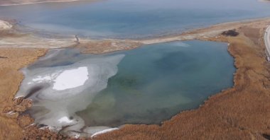 An aerial view of Lake Van, where rising temperatures threaten its ecosystem, Van, Türkiye, Feb. 10, 2025. (IHA Photo)