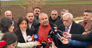 Peoples&#039; Equality and Democracy Party (DEM Party) lawmakers Sırrı Süreyya Önder (C), Pervin Buldan (L) and Ahmet Türk (R) talk to reporters after visiting Selahattin Demirtaş in prison, northwestern Edirne province, Türkiye, Jan. 11, 2025. (DHA Photo)
