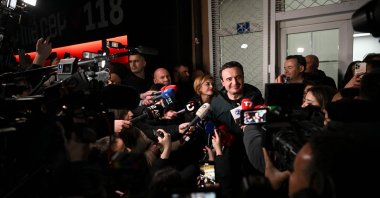 Kosovo&#039;s Prime Minister Albin Kurti addresses the press at Vetevendosje (Self-Determination) party headquarters in Pristina, Feb. 9, 2025. (AFP Photo)