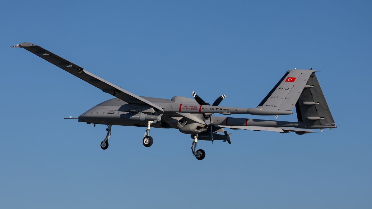 The Bayraktar TB3 UAV, developed by Turkish defense company Baykar is seen during a test flight, armed with Roketsan&#039;s MAM-T ammunition, Türkiye, Jan. 18, 2025. (AA Photo)