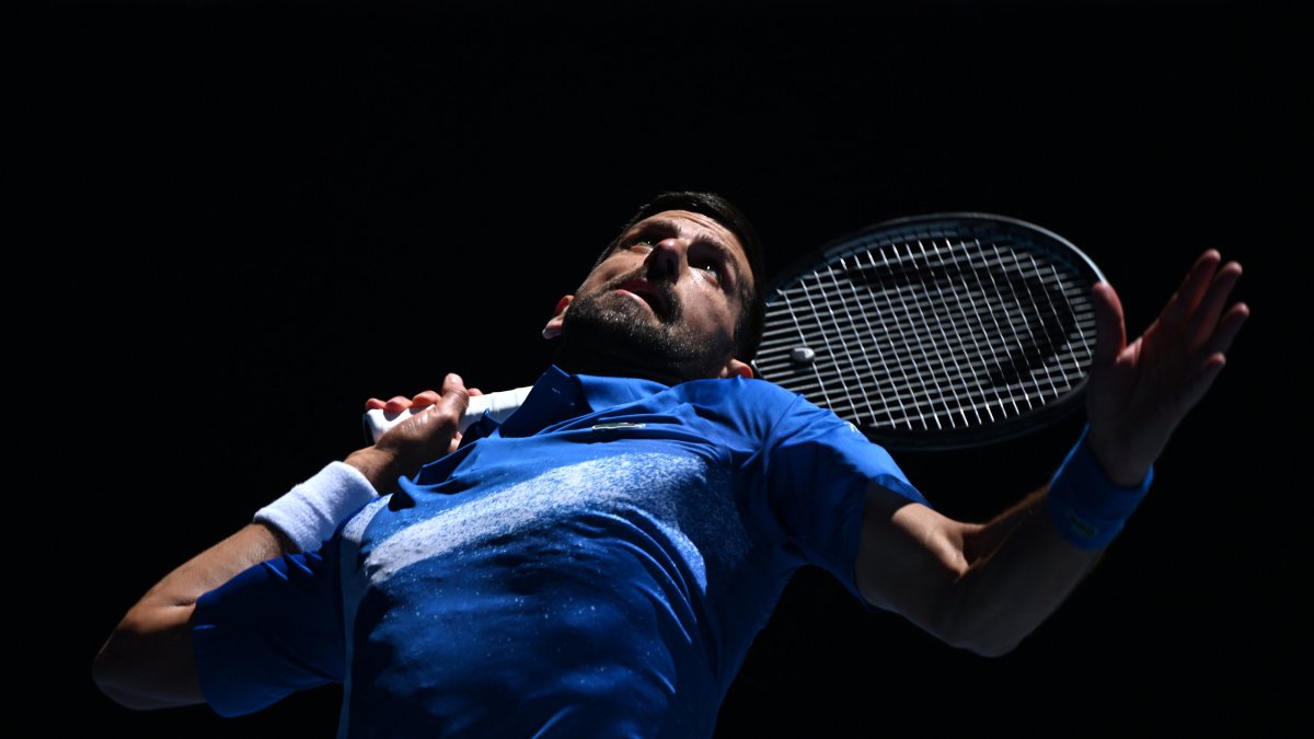 Serbia&#039;s Novak Djokovic in action during a semifinal match of the Australian Open against Germany&#039;s Alexander Zverev at Melbourne Park, Melbourne, Australia, Jan. 24, 2025. (EPA Photo)