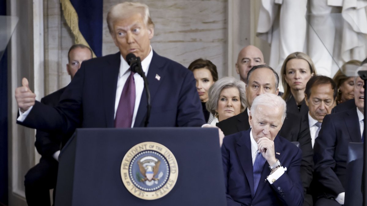 Former U.S. President Joe Biden (R) listens as U.S. President Donald Trump (L) delivers remarks after being sworn in as the 47th president of the United States in an inauguration ceremony in the rotunda of the Capitol, Washington, U.S., Jan. 20, 2025. (EPA Photo)