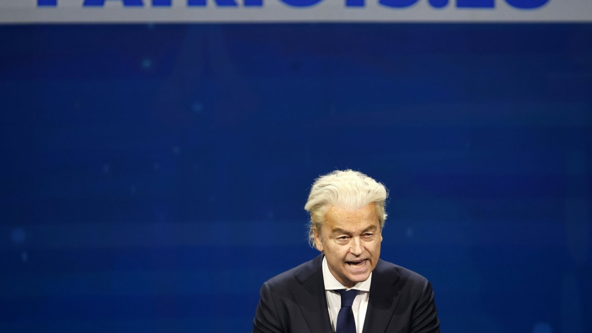 Leader of the Netherlands&#039; far-right party, Party for Freedom, Geert Wilders, speaks during the first summit of EU far-right parties in Madrid, Spain, Feb. 8, 2025. (EPA Photo)