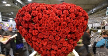 Visitors pass a heart made of red roses at the international trade fair for plants IPM, Essen, Germany, Jan. 29, 2015. (AP Photo)