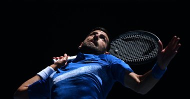 Serbia&#039;s Novak Djokovic in action during a semifinal match of the Australian Open against Germany&#039;s Alexander Zverev at Melbourne Park, Melbourne, Australia, Jan. 24, 2025. (EPA Photo)