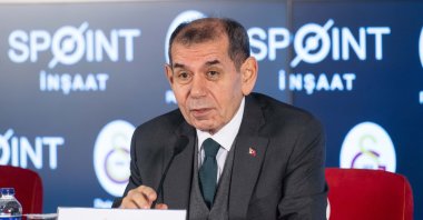 Galatasaray president Dursun Özbek speaks during the signing ceremony for Galatasaray’s women’s football team's sleeve sponsorship deal with SPOINT, Istanbul, Türkiye, Feb. 10, 2025. (AA Photo)
