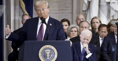 Former U.S. President Joe Biden (R) listens as U.S. President Donald Trump (L) delivers remarks after being sworn in as the 47th president of the United States in an inauguration ceremony in the rotunda of the Capitol, Washington, U.S., Jan. 20, 2025. (EPA Photo)