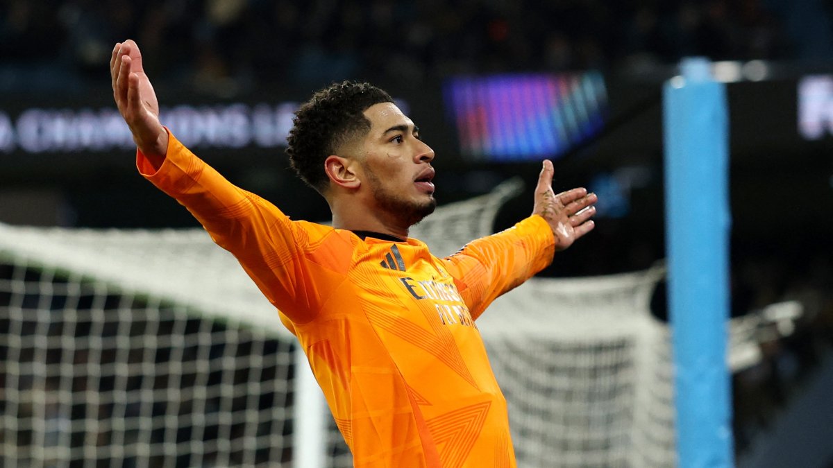 Real Madrid&#039;s Jude Bellingham celebrates scoring during the Champions League playoffs first leg match against Manchester City at Etihad Stadium, Manchester, U.K., Feb. 11, 2025. (Reuters Photo)