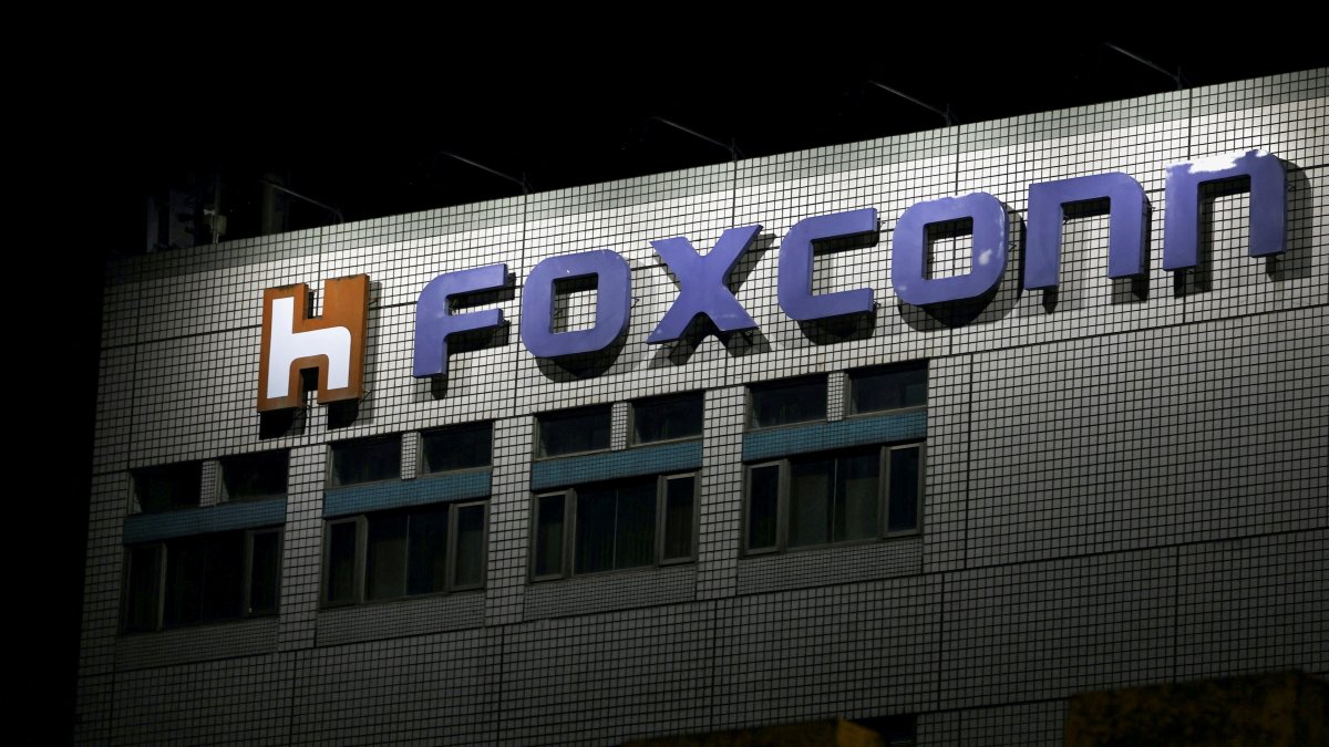 The logo of Foxconn is seen outside the company&#039;s building in Taipei, Taiwan, Nov. 10, 2022. (Reuters Photo)