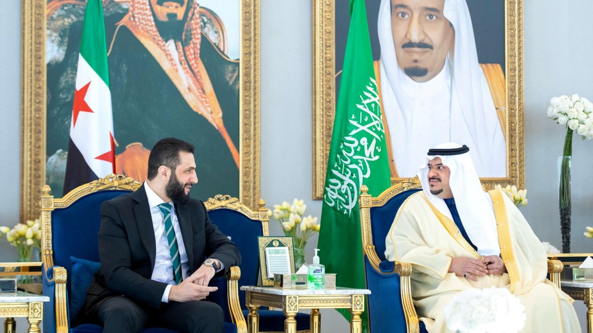 Syria&#039;s newly appointed interim President Ahmed al-Sharaa meets with Mohammed bin Abdulrahman bin Abdulaziz, deputy governor of the Riyadh region, Riyadh, Saudi Arabia, Feb. 2, 2025. (Reuters Photo)