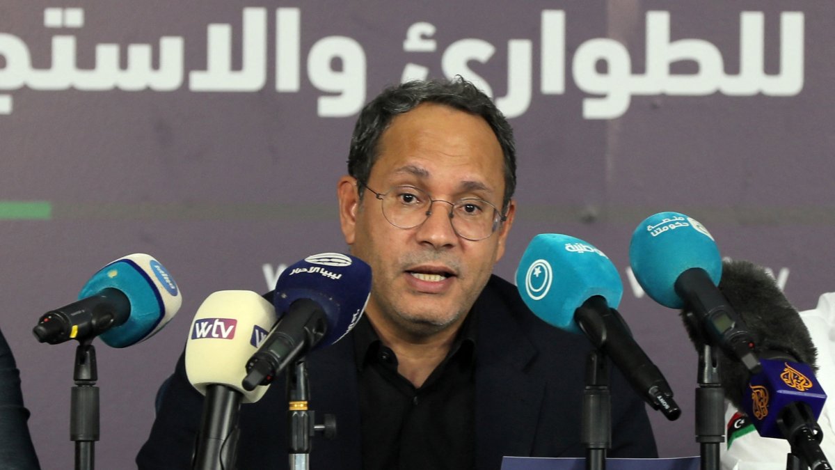 This file picture shows the minister for cabinet affairs in Libya&#039;s Tripoli-based Government of National Unity (GNU), Adel Juma, addressing a news conference in the Libyan capital, Sept. 12, 2023. (AFP Photo)