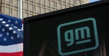 The new GM logo is seen on the facade of the General Motors headquarters in Detroit, Michigan, U.S., March 16, 2021. (Reuters Photo)