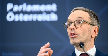 Chairman of the Freedom Party of Austria (FPOe) Herbert Kickl speaks during the press conference on the coalition talks between the OeVP and FPOe in Vienna, Austria, Jan. 13, 2025. (EPA Photo)