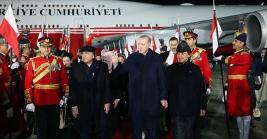 President Recep Tayyip Erdoğan welcomed at Nur Khan Air Base in Islamabad by a delegation of Pakistani officials, Feb. 13, 2025. (AA Photo)