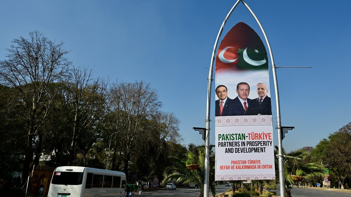 A poster showing Pakistan&#039;s leaders and President Recep Tayyip Erdoğan hangs on a street, Islamabad, Pakistan, Feb. 12, 2025. (AA Photo)