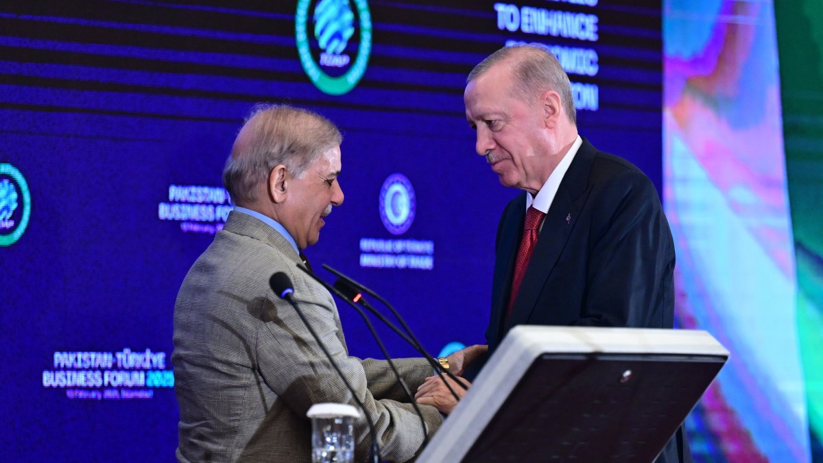 President Recep Tayyip Erdoğan shakes hands with Pakistan&#039;s Prime Minister Shahbaz Sharif, Islamabad, Pakistan, Feb. 13, 2025. (AA Photo)