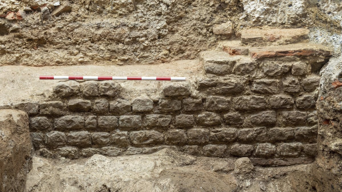 In this photo provided by MOLA, Museum of London Archaeology taken in summer 2024, a view of part of the wall of the Roman London Basilica which has been recently unearthed by a redevelopment of a City of London building in London. (MOLA via AP)