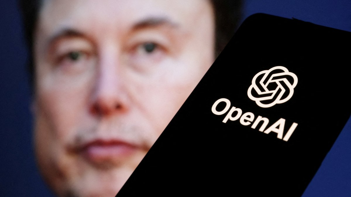 The OpenAI logo is seen in front of Elon Musk&#039;s photo in this illustration taken March 11, 2024. (Reuters Photo)