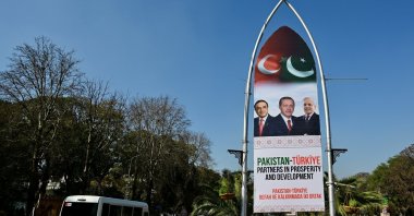 A poster showing Pakistan's leaders and President Recep Tayyip Erdoğan hangs on a street, Islamabad, Pakistan, Feb. 12, 2025. (AA Photo)