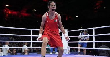 Algeria&#039;s Imane Khelif celebrates after defeating Hungary&#039;s Anna Hamori in their women&#039;s 66 kg. quarterfinal boxing match at the 2024 Summer Olympics, Paris, France, Aug. 3, 2024. (AP Photo)