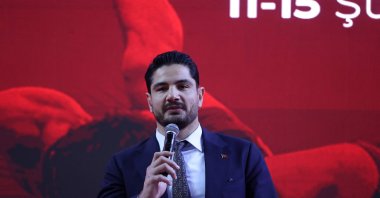 Turkish Wrestling Federation President Taha Akgül speaks during the opening ceremony of the Under-23 Türkiye Wrestling Championship, Sivas, Türkiye, Feb. 12, 2025. (AA Photo)