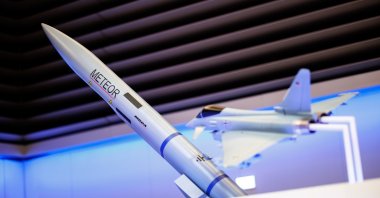 The lettering &quot;MBDA Meteor&quot; can be seen on an air-to-air missile next to a model of a fighter jet in a showroom at the European defense company MBDA, Le Plessis-Robinson, France, March 6, 2024. (Reuters Photo)